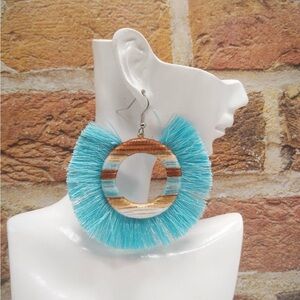 Light Blue and Brown Fringe Hoop Earrings
